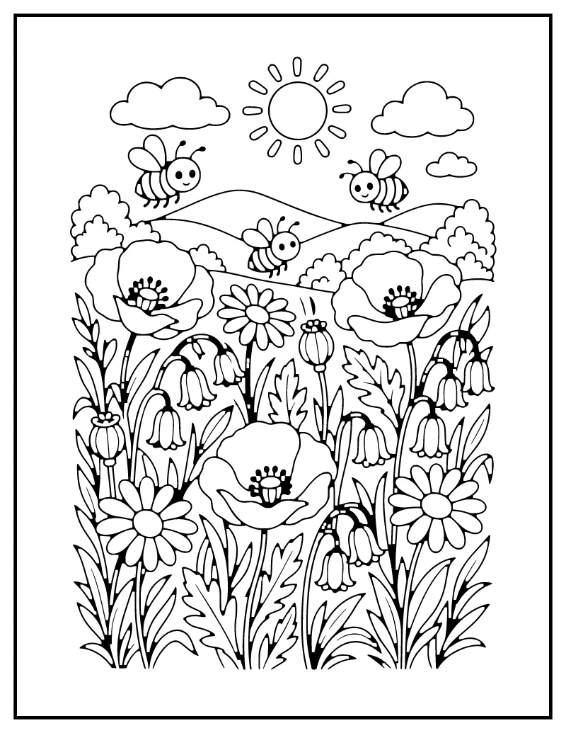 Wildflower Meadow with Bees coloring page – printable black and white line art