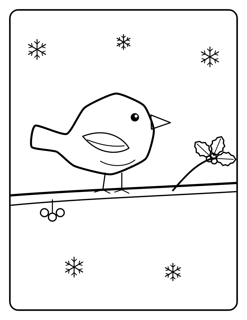 Winter Bird on a Snowy Branch coloring page – printable black and white line art