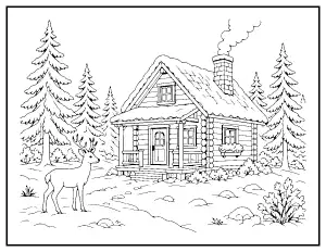 Winter Cabin in a Snowy Forest with a Deer coloring page – printable line art