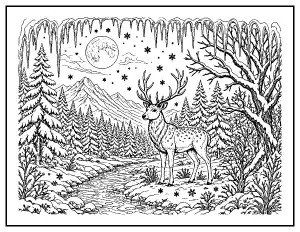 Winter Wonderland Deer in a Snowy Forest coloring page – printable line art