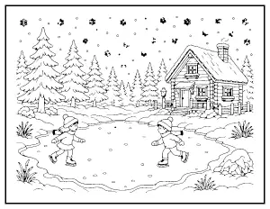 Winter Wonderland Skating Pond and Cabin coloring page – printable line art
