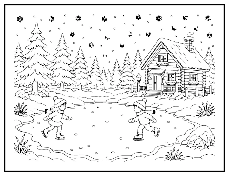 Winter Wonderland Skating Pond and Cabin coloring page – printable black and white line art
