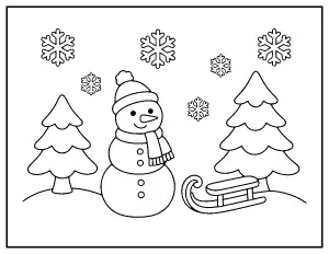 Easy Winter Wonderland Snowman and Sled coloring page – printable line art
