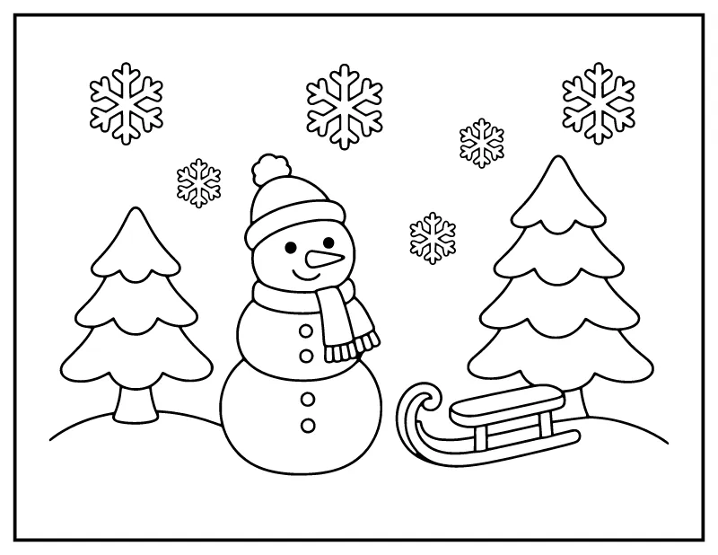 Easy Winter Wonderland Snowman and Sled coloring page – printable black and white line art