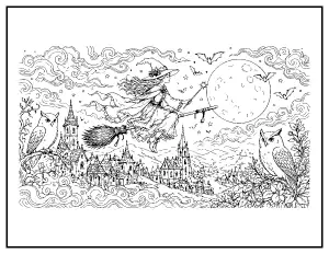Witch Flying over a Moonlit Village coloring page – printable line art