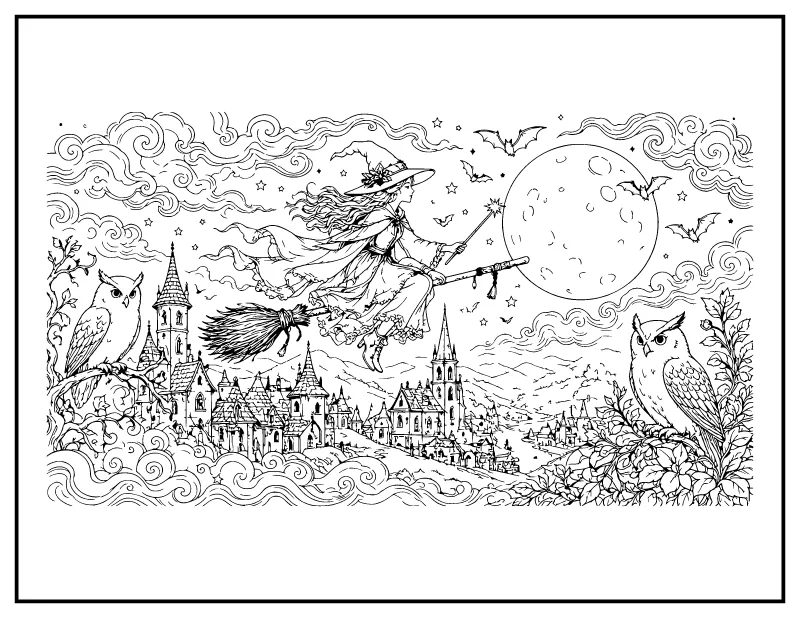 Witch Flying over a Moonlit Village coloring page – printable black and white line art