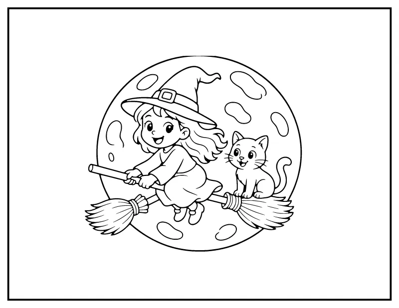 Witch on a Broomstick coloring page – printable black and white line art