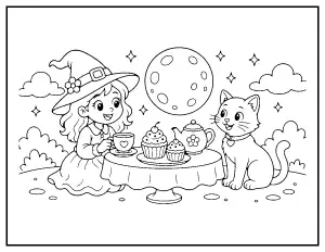 Witch and Cat Tea Party coloring page – printable line art
