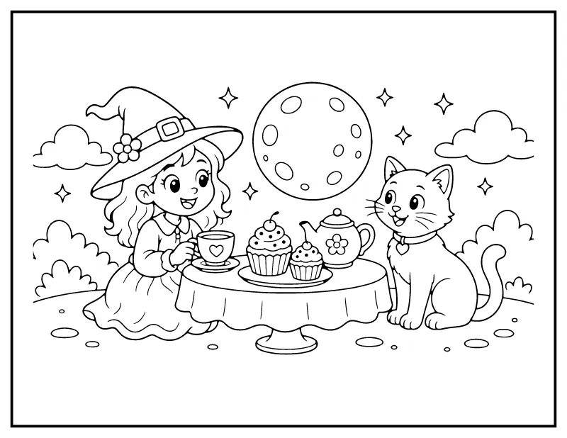 Witch and Cat Tea Party coloring page – printable black and white line art