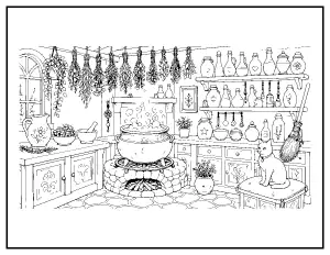 Witch Cottage Kitchen with a Bubbling Cauldron coloring page – printable line art