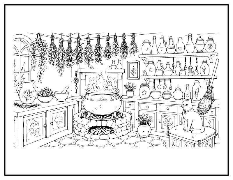 Witch Cottage Kitchen with a Bubbling Cauldron coloring page – printable black and white line art