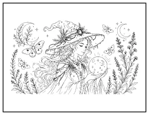 Witch with a Crystal Ball and Moths coloring page – printable line art