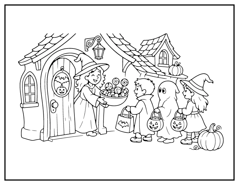 Witch Handing Out Candy coloring page – printable black and white line art