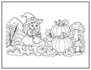 Witch Watering Her Pumpkin Garden coloring page – printable line art