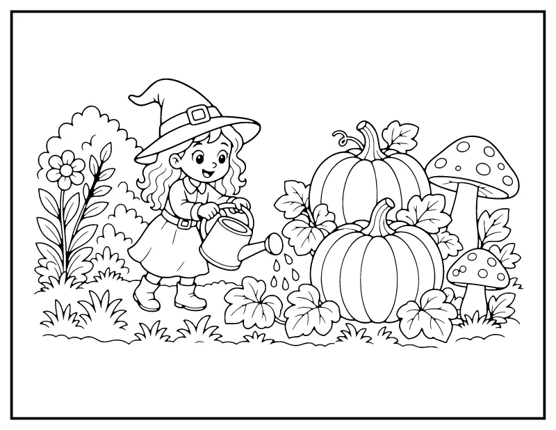 Witch Watering Her Pumpkin Garden coloring page – printable black and white line art