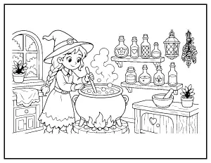 Witch Stirring Her Cauldron coloring page – printable line art