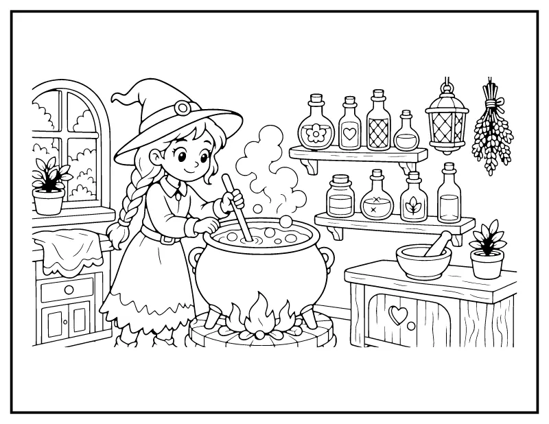 Witch Stirring Her Cauldron coloring page – printable black and white line art