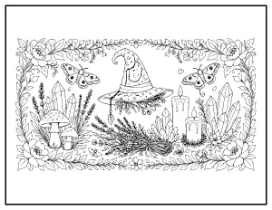 Witchy Botanical Still Life for Adults coloring page – printable line art