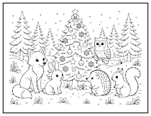 Woodland Animals around a Christmas Tree coloring page – printable line art