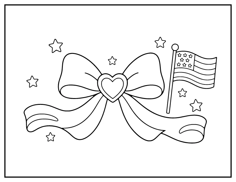 Yellow Ribbon, Heart and Flag coloring page – printable black and white line art
