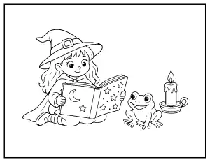 Young Witch Reading a Spell Book coloring page – printable line art