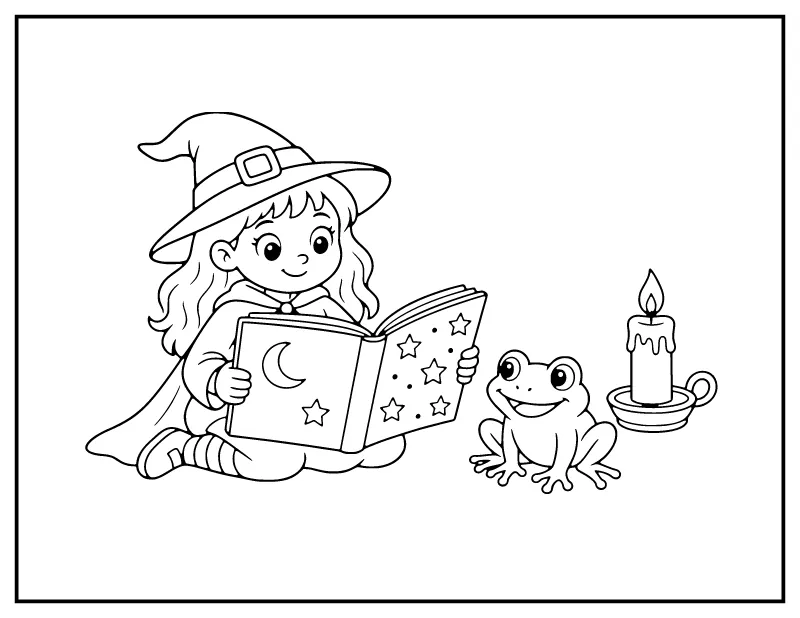 Young Witch Reading a Spell Book coloring page – printable black and white line art