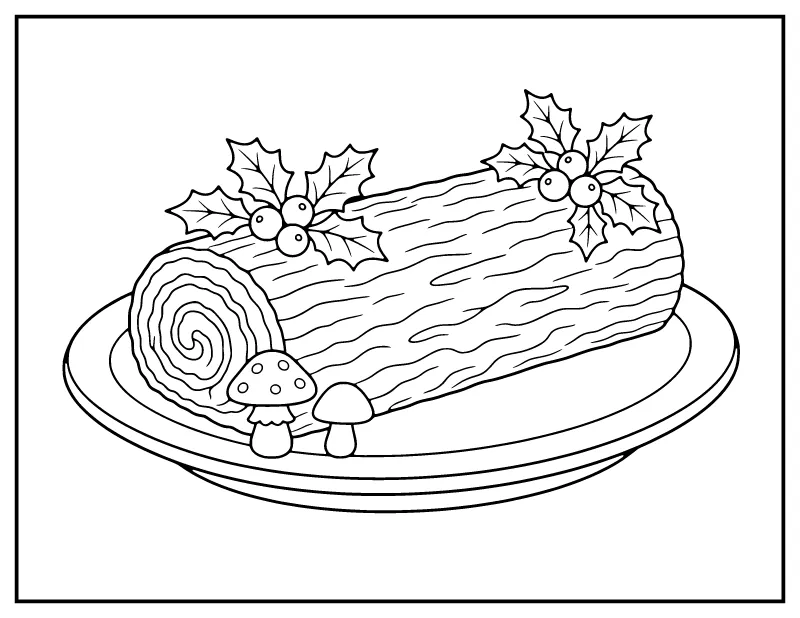 Yule Log Cake coloring page – printable black and white line art