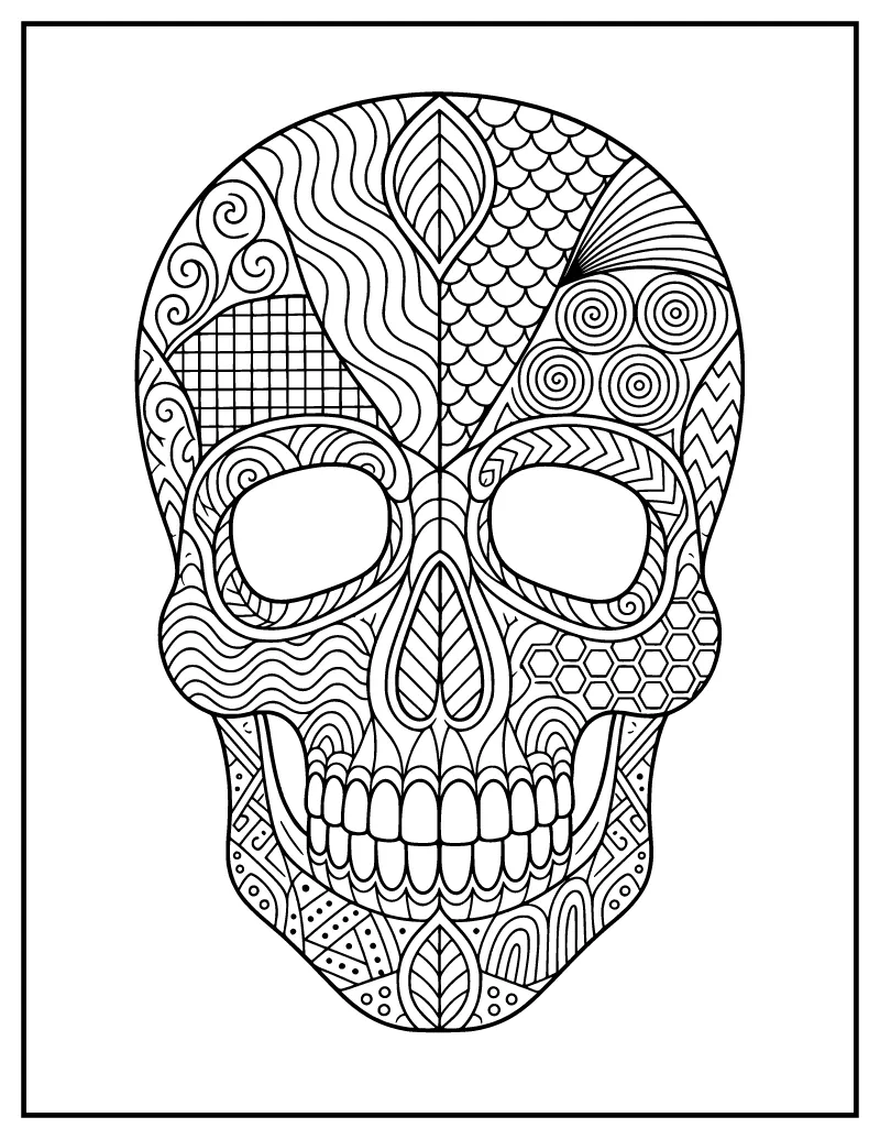 Zentangle Calavera coloring page – printable black and white line art