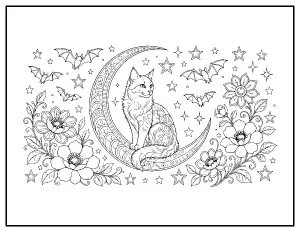 Zentangle Cat on the Moon for Adults coloring page – printable line art