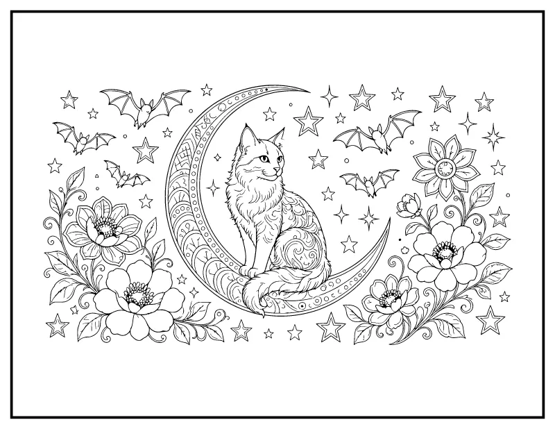 Zentangle Cat on the Moon for Adults coloring page – printable black and white line art