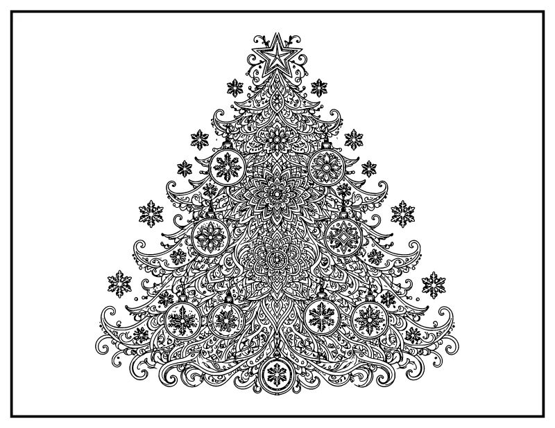 Zentangle Christmas Tree coloring page – printable black and white line art