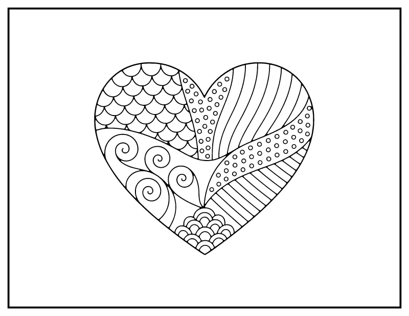 Zentangle Heart coloring page – printable black and white line art