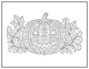 Zentangle Jack-o-Lantern with Autumn Leaves coloring page – printable line art