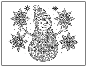 Zentangle Snowman with Snowflakes coloring page – printable line art