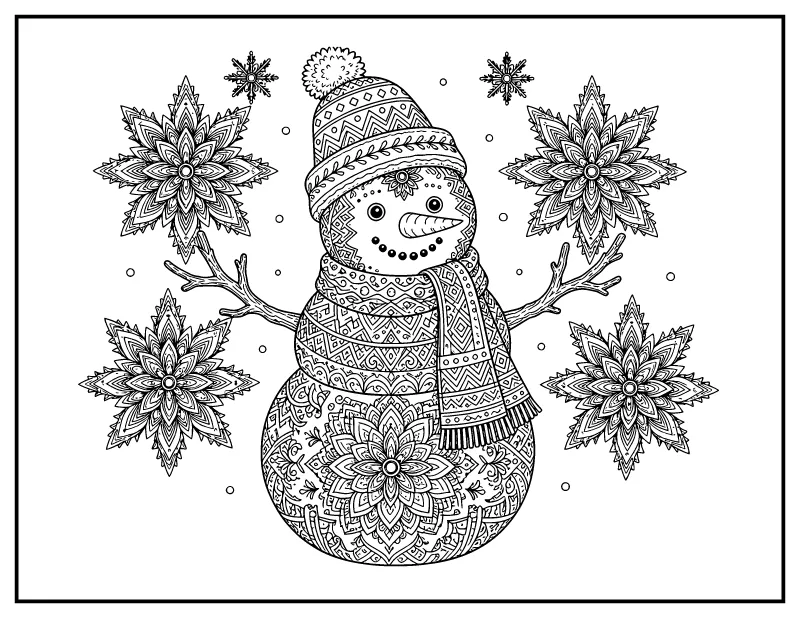 Zentangle Snowman with Snowflakes coloring page – printable black and white line art