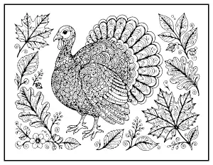 Zentangle Turkey with Autumn Leaves coloring page – printable line art