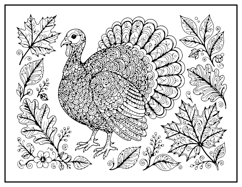 Zentangle Turkey with Autumn Leaves coloring page – printable black and white line art